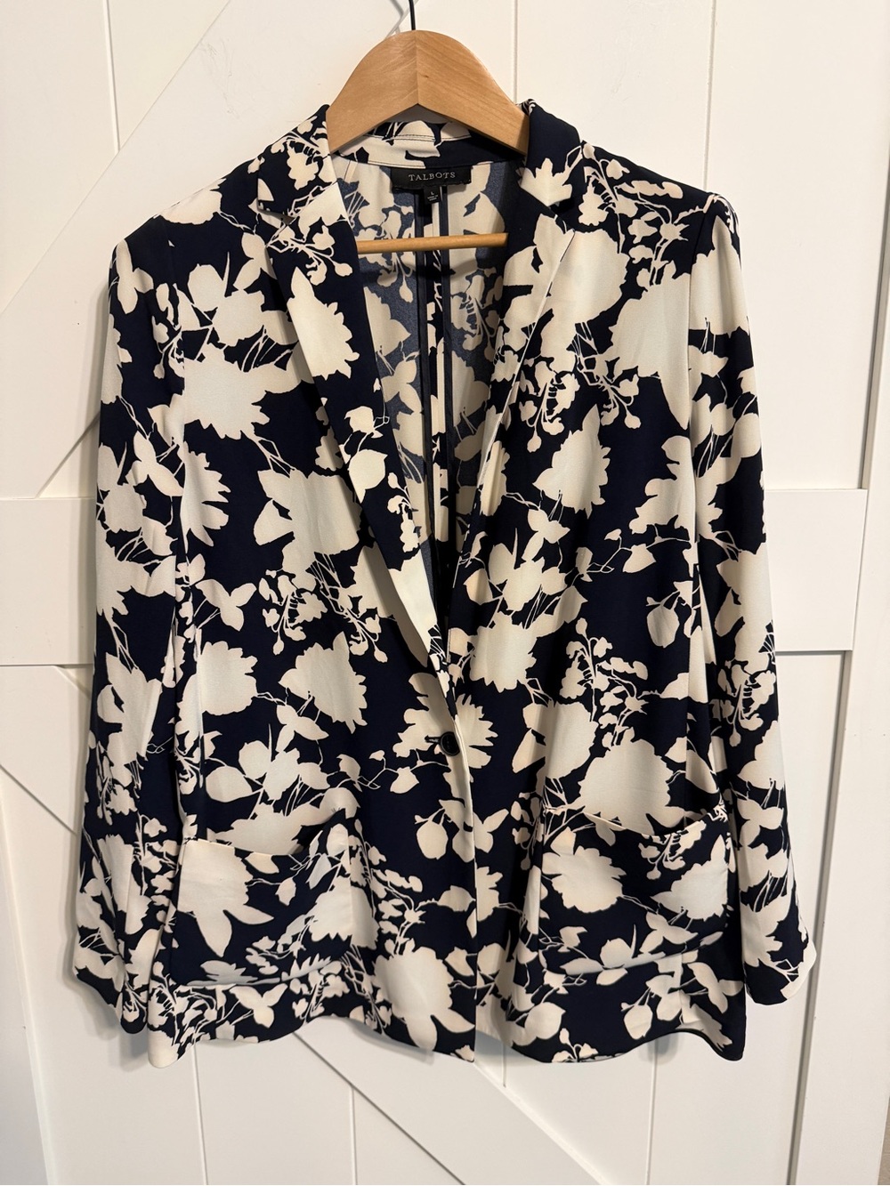 Talbots Women’s Large Dark Navy Ivory Floral One Button Blazer Jacket Workwear
